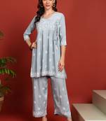 ethnic motif lucknowi chikankari greyish blue angrakha kurta & palazzo set for women