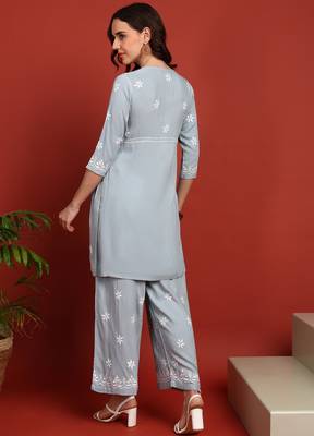 ethnic motif lucknowi chikankari greyish blue angrakha kurta & palazzo set for women 2