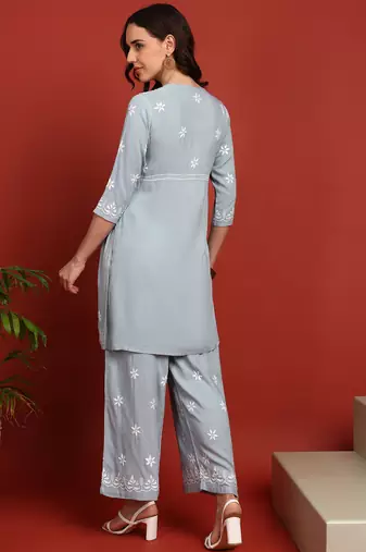 ethnic motif lucknowi chikankari greyish blue angrakha kurta & palazzo set for women