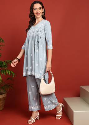 ethnic motif lucknowi chikankari greyish blue angrakha kurta & palazzo set for women 3