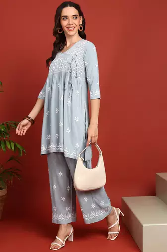 ethnic motif lucknowi chikankari greyish blue angrakha kurta & palazzo set for women
