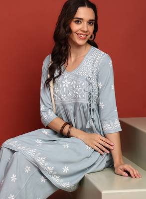 ethnic motif lucknowi chikankari greyish blue angrakha kurta & palazzo set for women 4