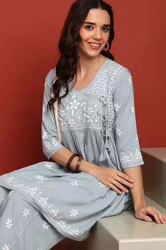ethnic motif lucknowi chikankari greyish blue angrakha kurta & palazzo set for women
