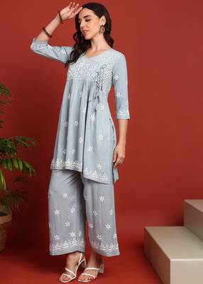 ethnic motif lucknowi chikankari greyish blue angrakha kurta & palazzo set for women 5