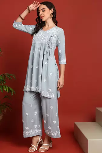 ethnic motif lucknowi chikankari greyish blue angrakha kurta & palazzo set for women