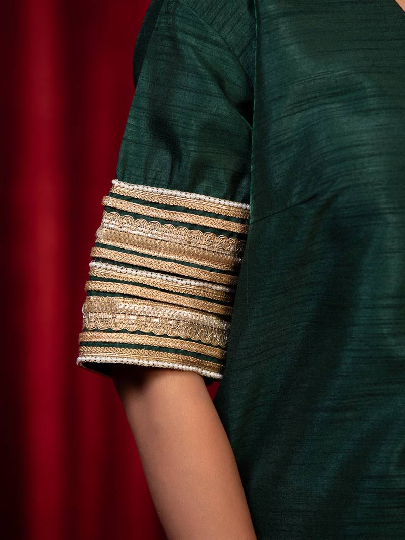 Green v-neck zari kurta with lace detail, side pocket & plazzo set