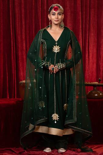 Green lace & zari embroidered georgette anarkali kurta plazzo & dupatta set