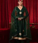 Green lace & zari embroidered georgette anarkali kurta plazzo & dupatta set