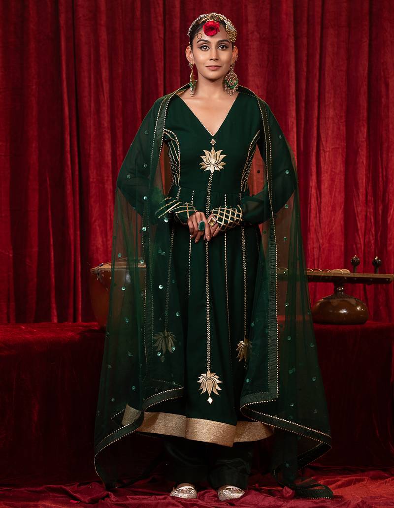 Green lace & zari embroidered georgette anarkali kurta plazzo & dupatta set