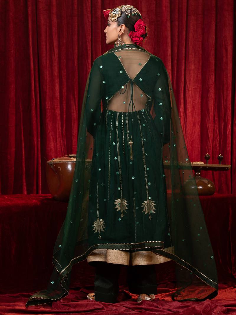 Green lace & zari embroidered georgette anarkali kurta plazzo & dupatta set