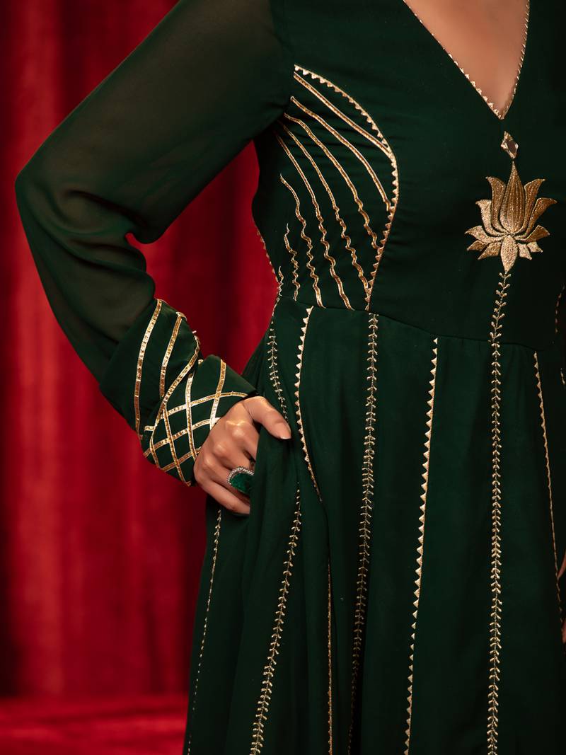 Green lace & zari embroidered georgette anarkali kurta plazzo & dupatta set