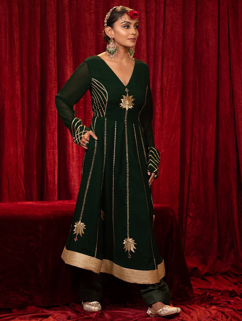 Green lace & zari embroidered georgette anarkali kurta plazzo & dupatta set