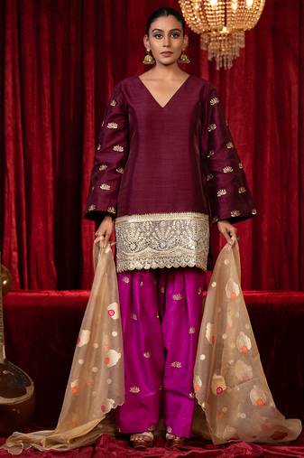 Purple zari embroidered long sleeve raw slik short kurta farsi salwar & dupatta set