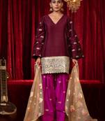 Purple zari embroidered long sleeve raw slik short kurta farsi salwar & dupatta set