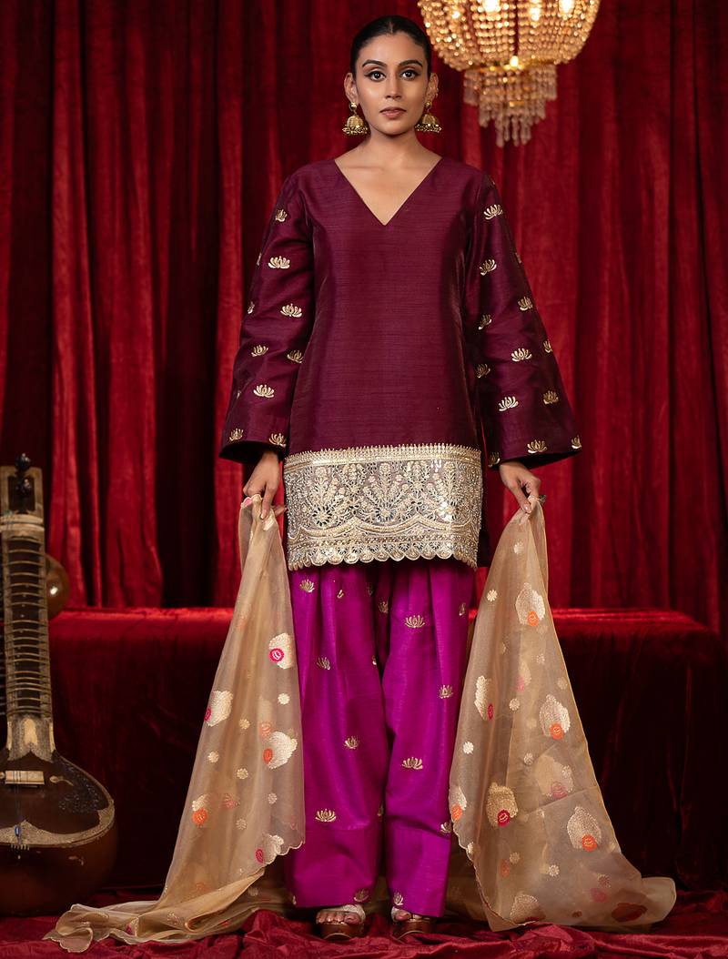 Purple zari embroidered long sleeve raw slik short kurta farsi salwar & dupatta set