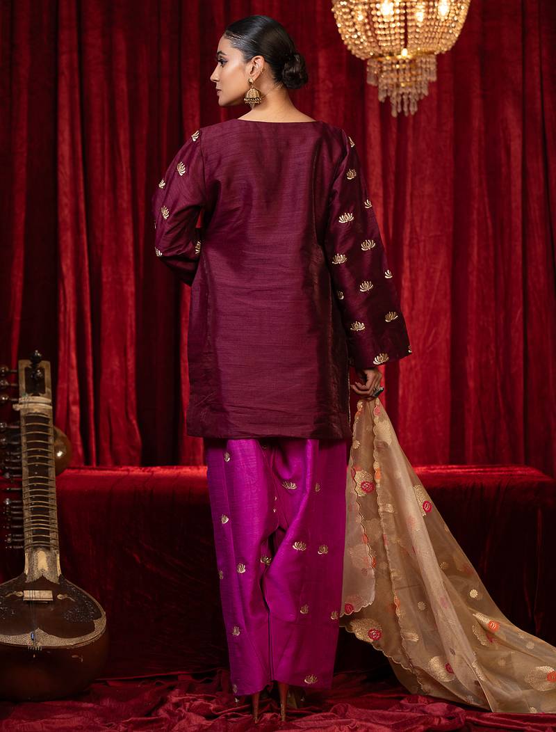 Purple zari embroidered long sleeve raw slik short kurta farsi salwar & dupatta set