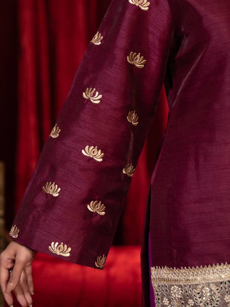 Purple zari embroidered long sleeve raw slik short kurta farsi salwar & dupatta set