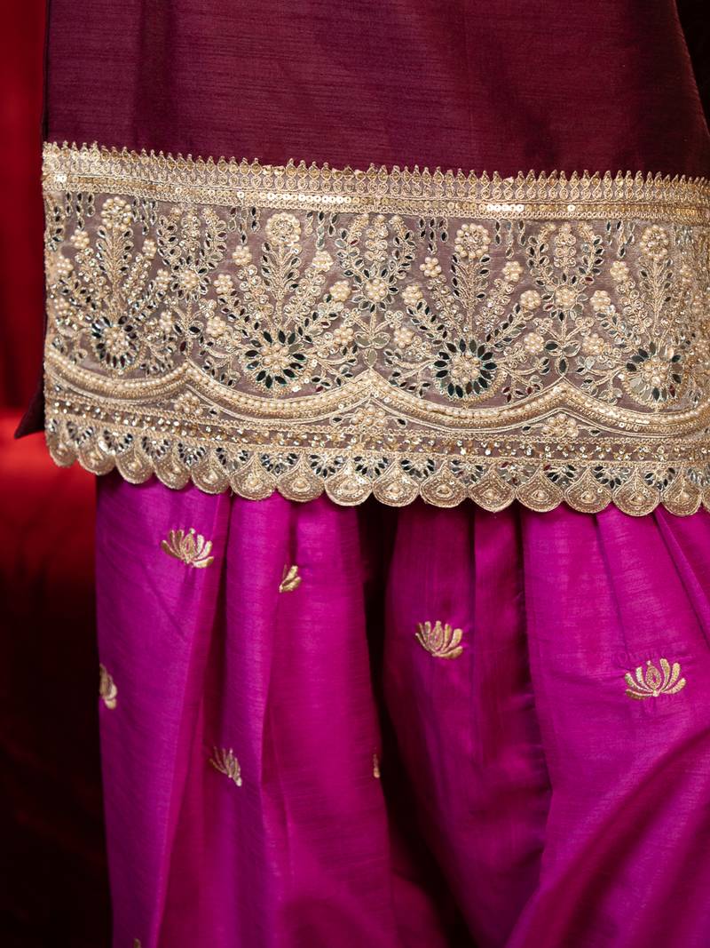 Purple zari embroidered long sleeve raw slik short kurta farsi salwar & dupatta set