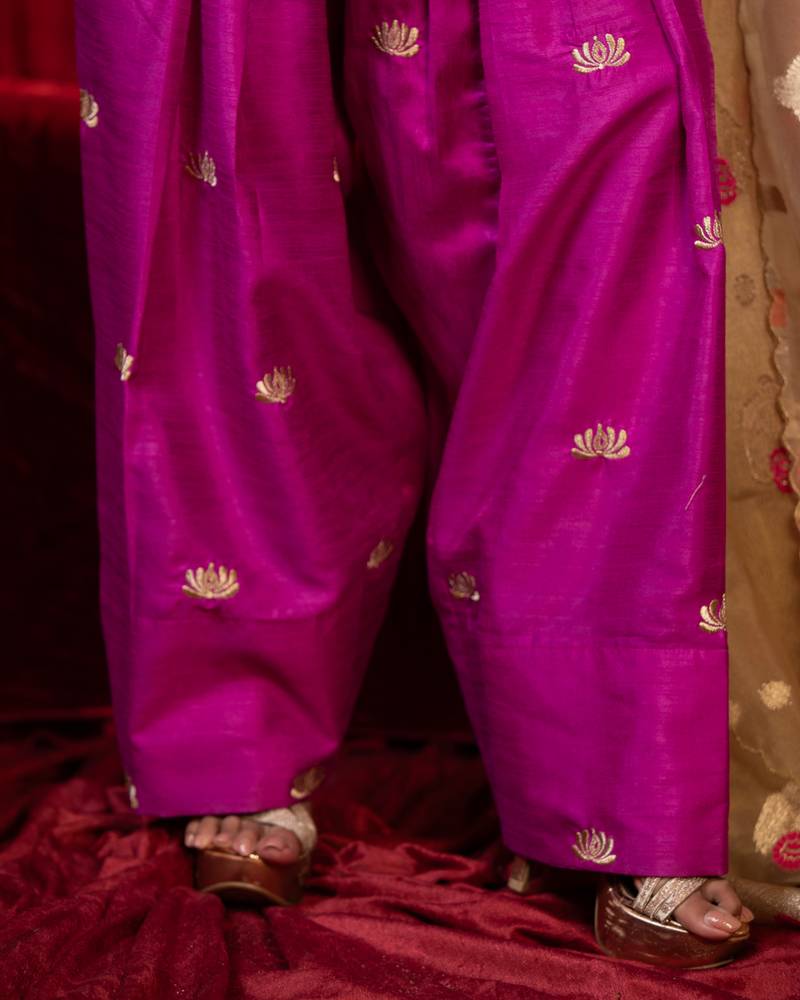 Purple zari embroidered long sleeve raw slik short kurta farsi salwar & dupatta set