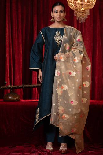 Electric blue zari work raw silk kurta set with side pockets, plazzo & organza dupatta