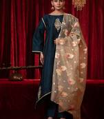 Electric blue zari work raw silk kurta set with side pockets, plazzo & organza dupatta