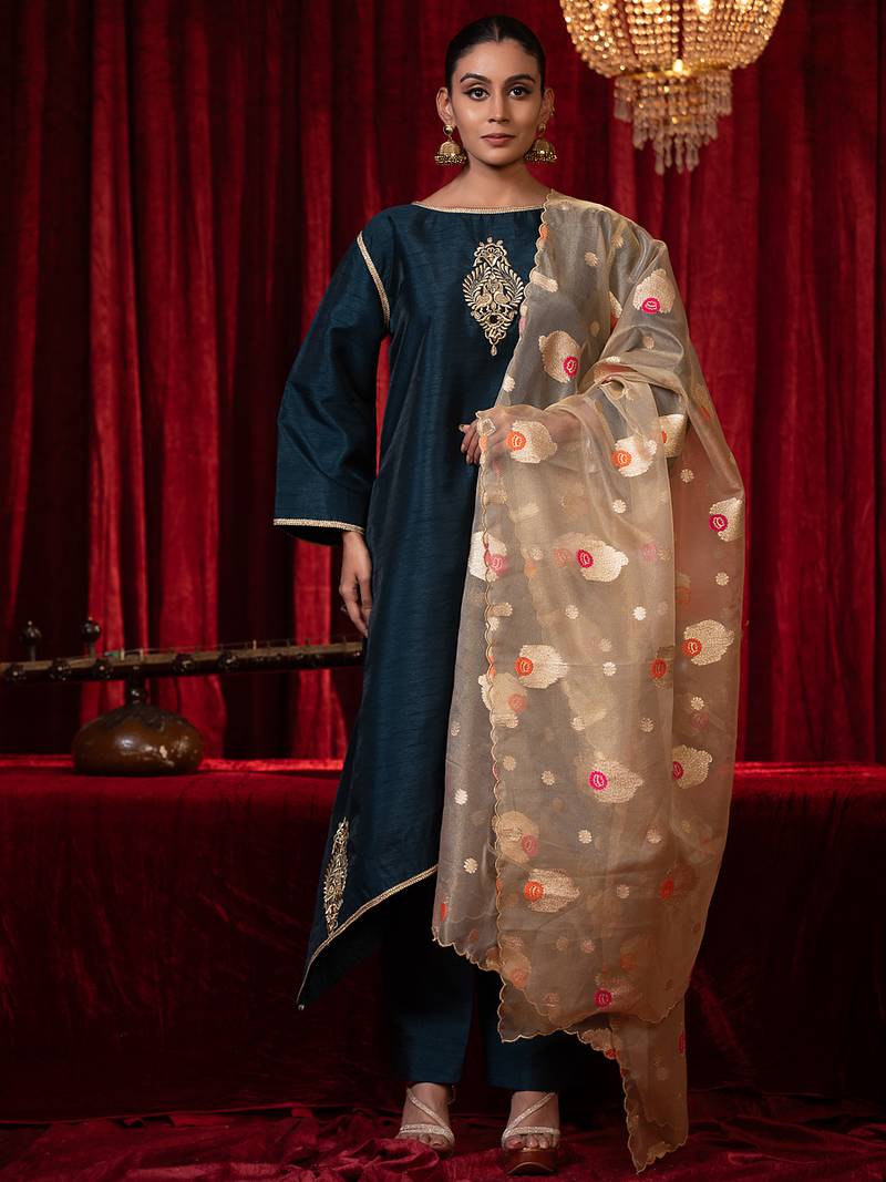 Electric blue zari work raw silk kurta set with side pockets, plazzo & organza dupatta