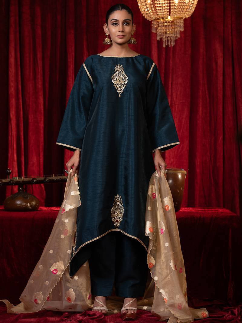 Electric blue zari work raw silk kurta set with side pockets, plazzo & organza dupatta