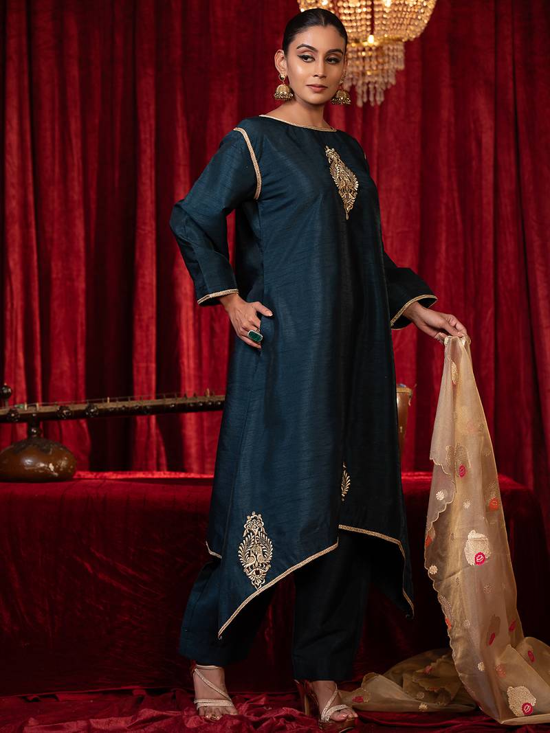 Electric blue zari work raw silk kurta set with side pockets, plazzo & organza dupatta