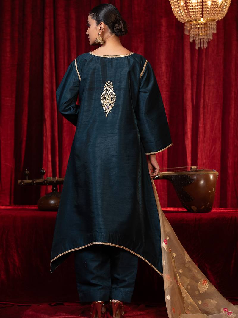 Electric blue zari work raw silk kurta set with side pockets, plazzo & organza dupatta