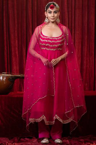 Magenta zari embroidered georgette anarkali kurta plazzo & dupatta set