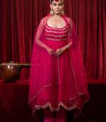 Magenta zari embroidered georgette anarkali kurta plazzo & dupatta set
