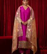 Magenta mirror lace work v-neck long line kurta with side pockets, plazzo & organza dupatta set