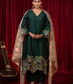 Green zari embroidered raw silk kurta plazzo & dupatta set