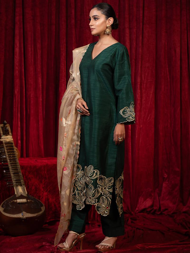 Green zari embroidered raw silk kurta plazzo & dupatta set
