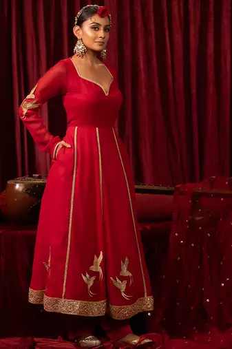 Maroon lace & zari embroidered georgette anarkali kurta plazzo & dupatta set