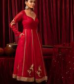 Maroon lace & zari embroidered georgette anarkali kurta plazzo & dupatta set