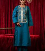 Blue round neck raw silk kurta plazzo set with zari embroidery & side pockets