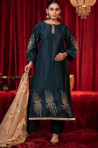 Electric blue zari work raw silk kurta set with side pockets, plazzo & organza dupatta