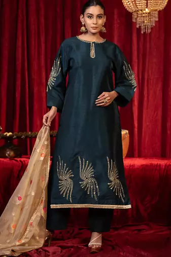 Electric blue zari work raw silk kurta set with side pockets, plazzo & organza dupatta