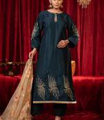 Electric blue zari work raw silk kurta set with side pockets, plazzo & organza dupatta