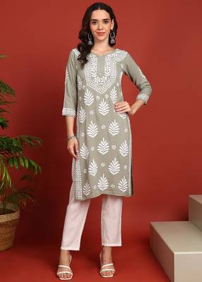 women s ethnic hand embroidered chikankari kurta in premium rayon fabric 1