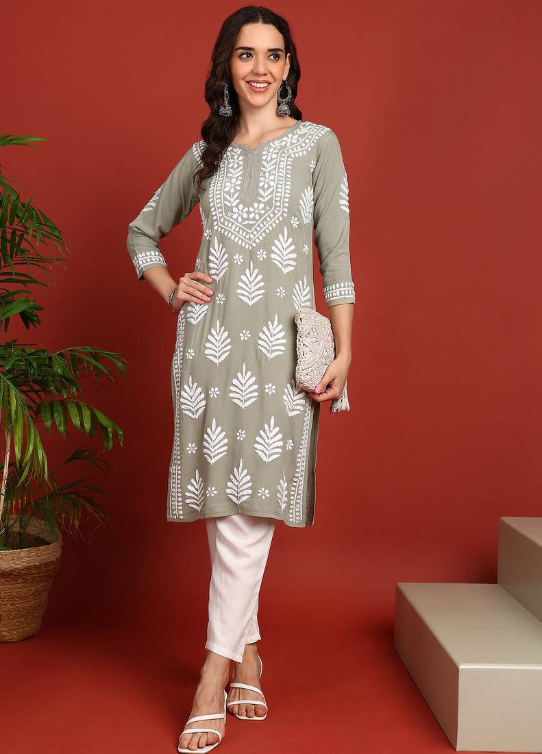 women’s ethnic hand embroidered chikankari kurta in premium rayon fabric