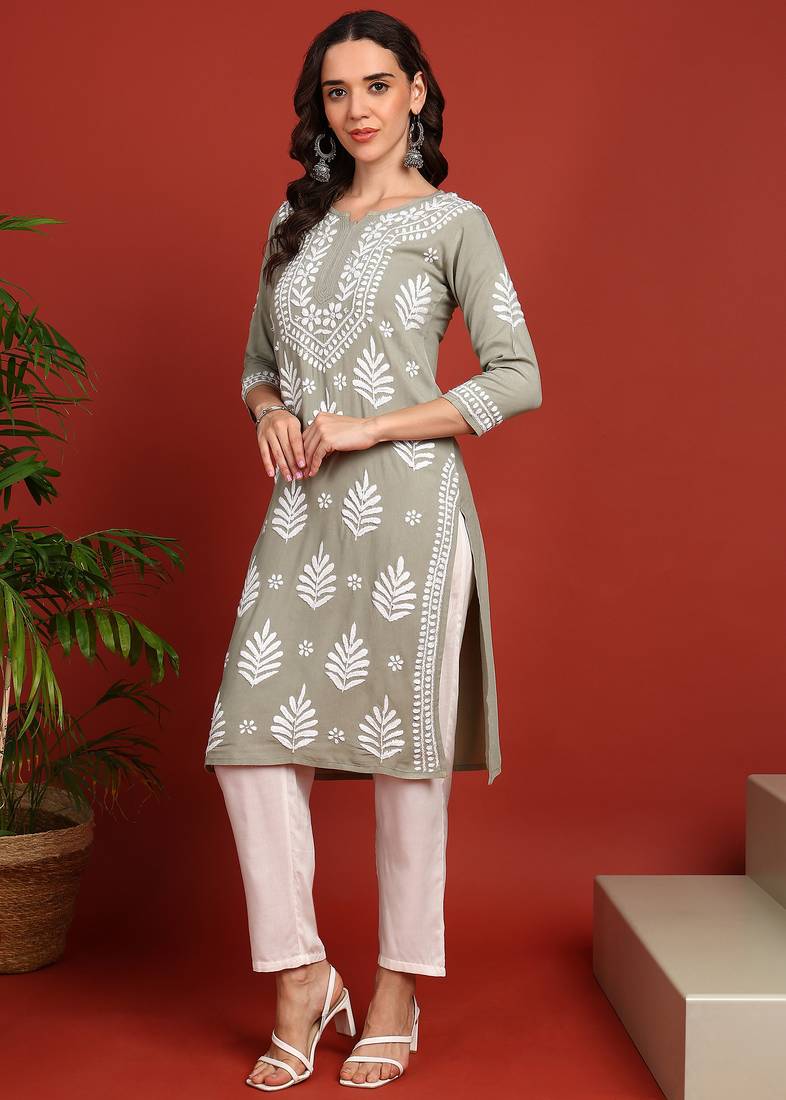 women’s ethnic hand embroidered chikankari kurta in premium rayon fabric