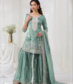 Sky blue gold crush embroidered suit
