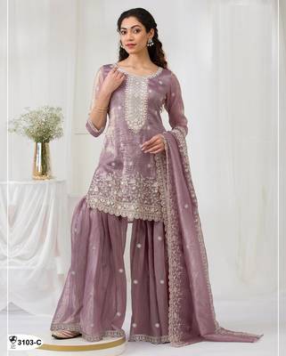 Peach gold crush embroidered suit  1