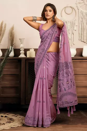 Designer modal saree with traditional warli work & zhallar | elegant festive wear