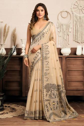Luxury modal warli art saree with zhallar detailing     6.30m with blouse
