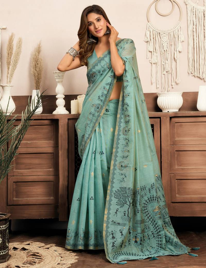 Modal warli work saree with zhallar border     premium ethnic collection