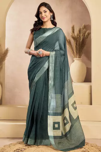 Teal green linen printed one minute saree with zari stripe border | ready-to-wear saree with unstitched blouse