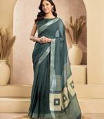 Teal green linen printed one minute saree with zari stripe border | ready-to-wear saree with unstitched blouse
